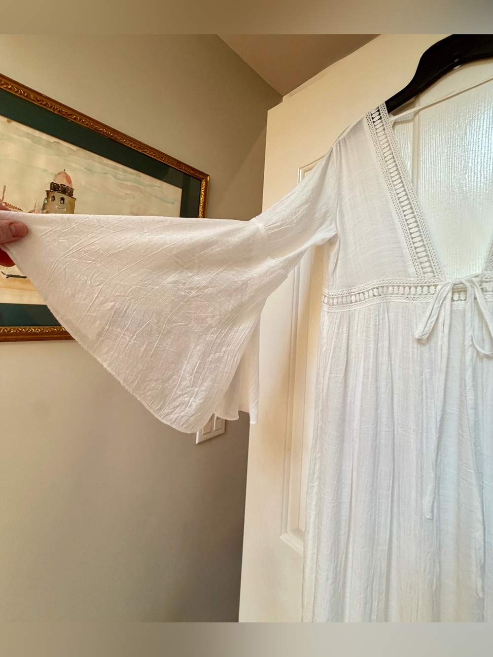 Cupshe Cream Crochet Trim Maxi Cover Up Bell Sleeve Boho Beach Swimwear OS - Picture 3 of 16